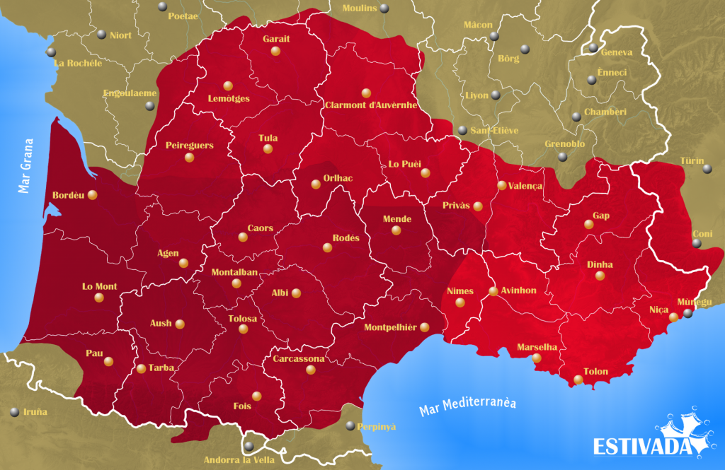 Carte des départements de l'ancienne occitane par Estivada